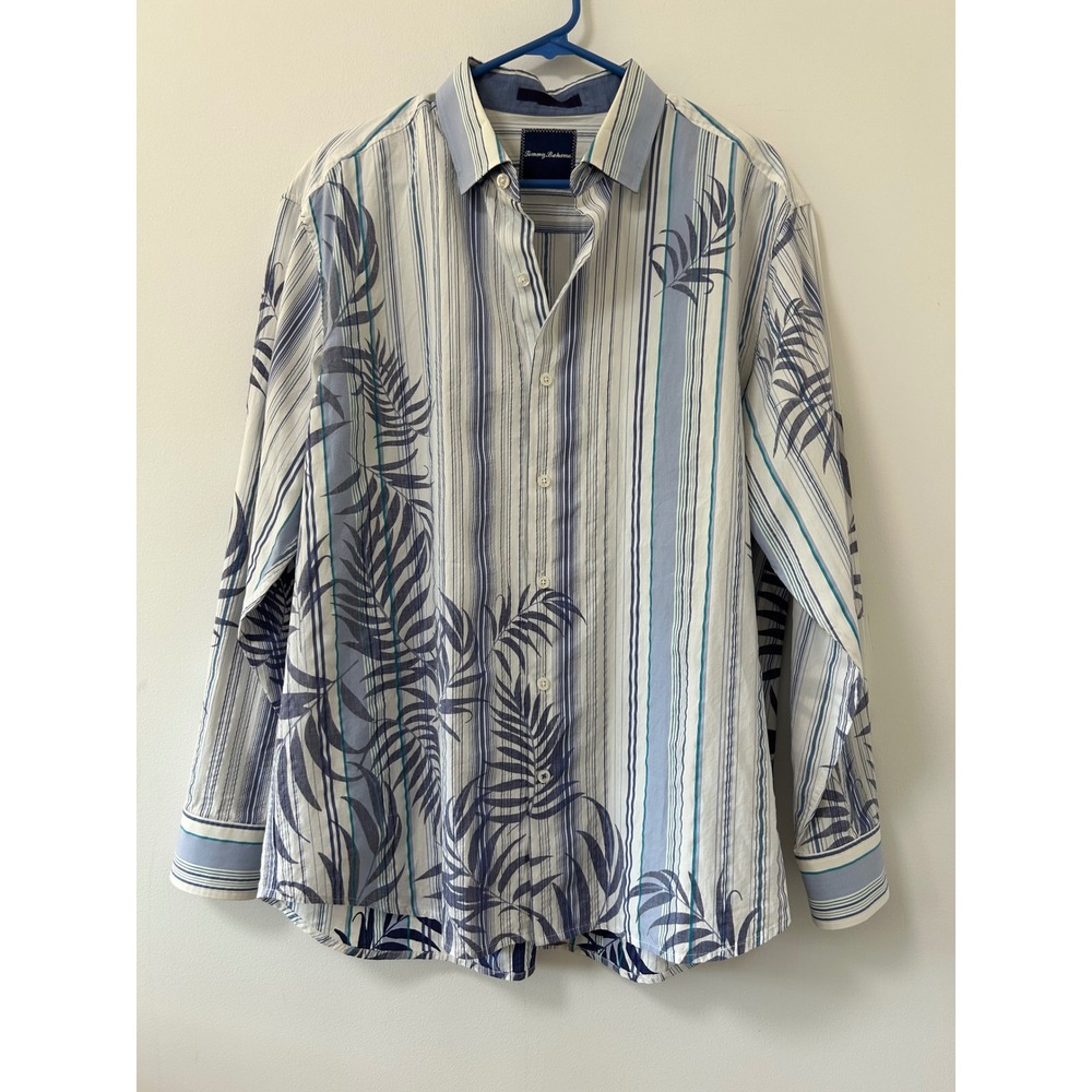 Tommy Bahama Mens Large Blue White Stripe Palm Leaf Long Sleeve Button Shirt‎